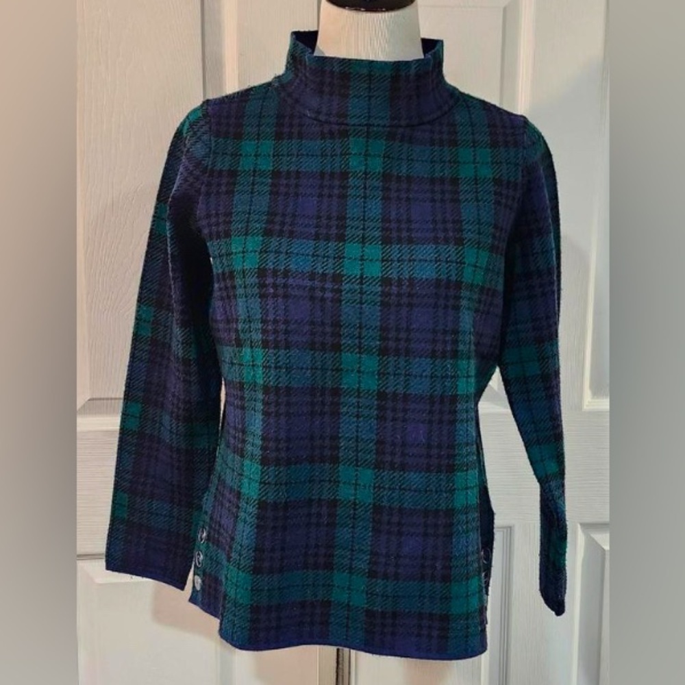 Appleseeds - NEW - Black Watch Plaid Mock Turtleneck with side button detail. L - Picture 2 of 11